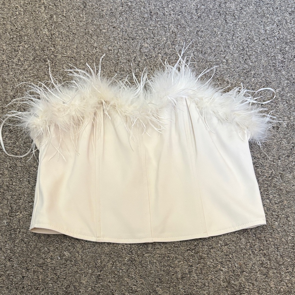 Altar'd State Ivory Feather-Trim Strapless Bustier Crop Top